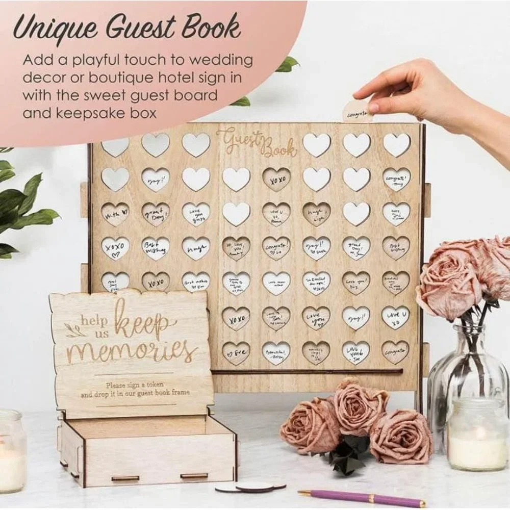 Rustic Wood Connect Four Alternative Guest Book Hearts Frame Wedding Decor ~ New - Picture 5 of 6